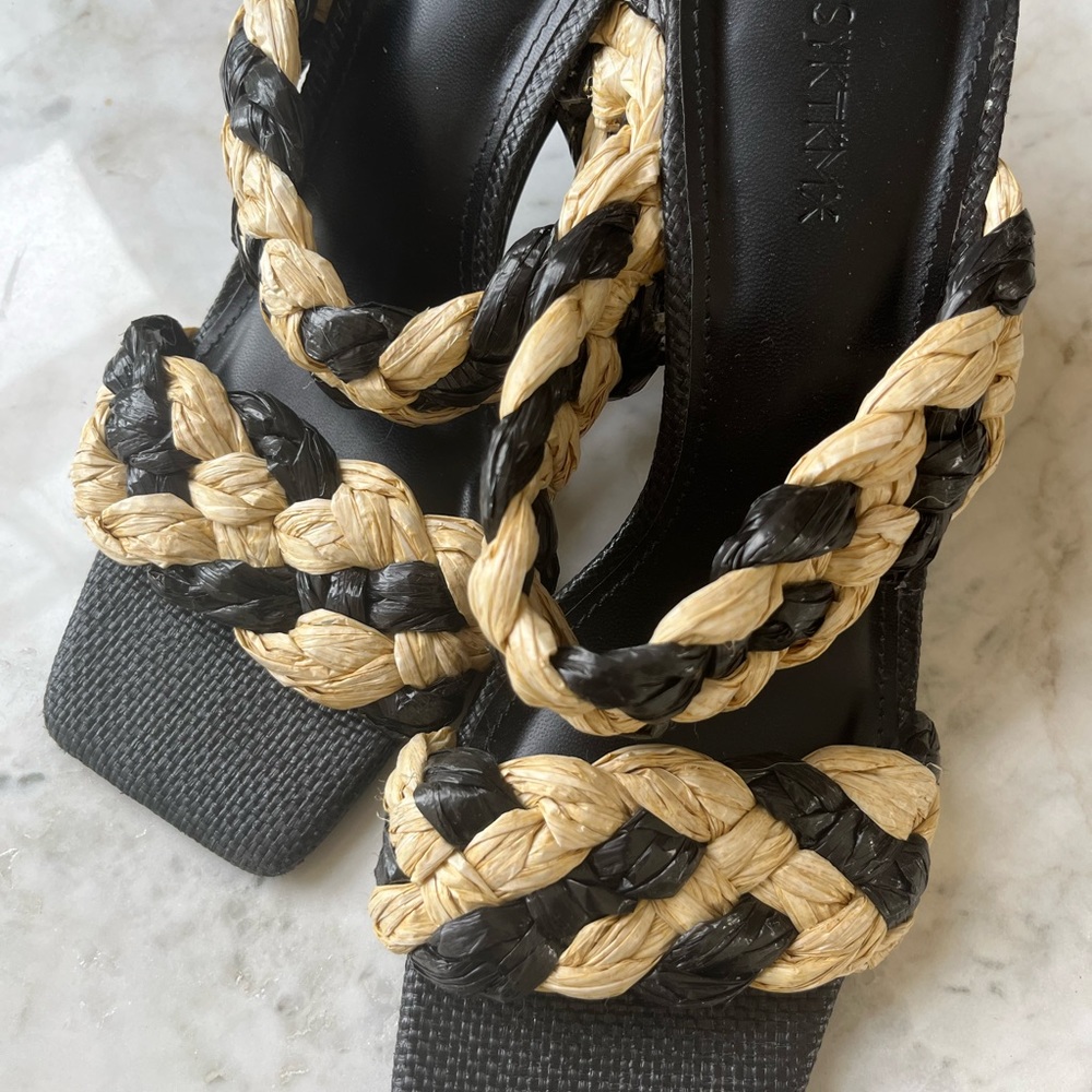Black and beige woven, braided block heel size 9